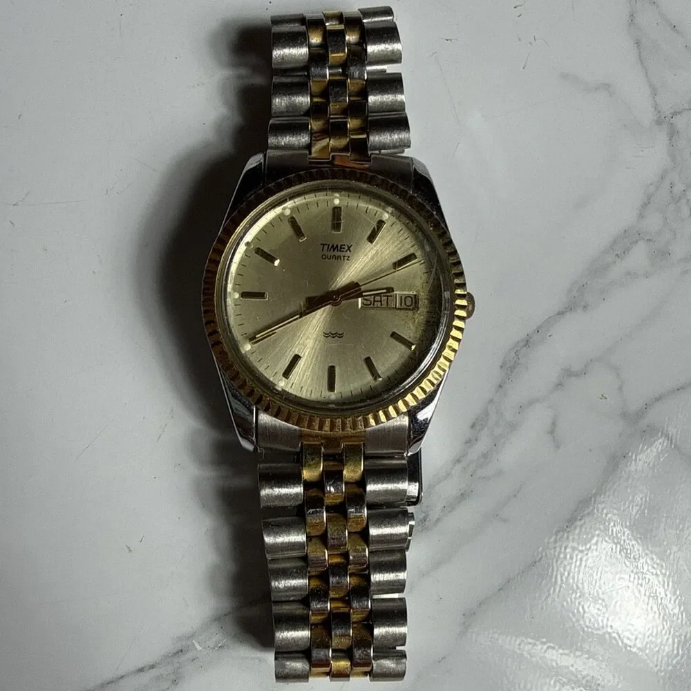Vintage Timex Quartz Mens Watch Two Tone Gold Silver Day Date Jubilee Needs Bat